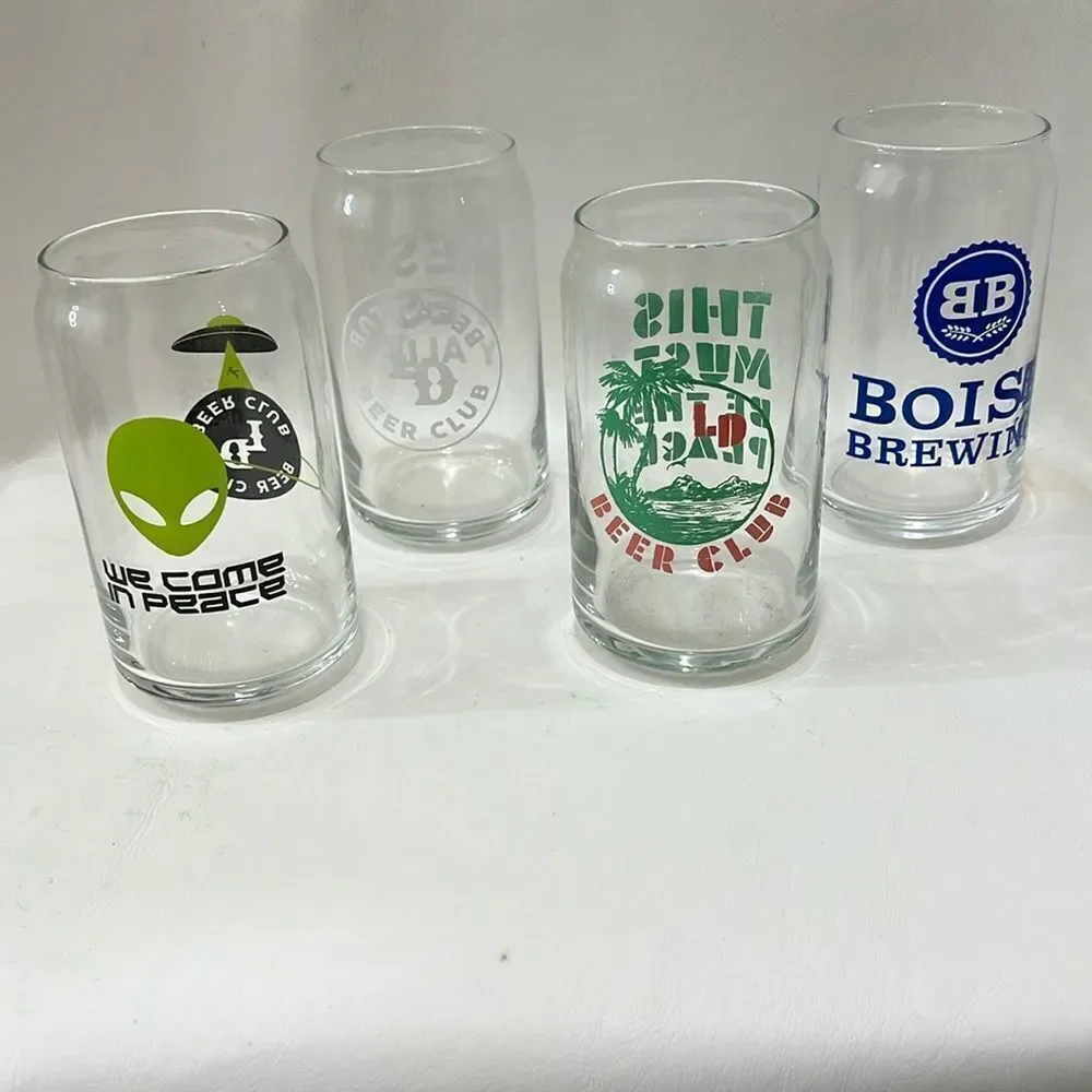 Beer Glasses 16 Ounce Blue Green Or White Lettering 5 1/4 In Tall 2 1/2 In Round